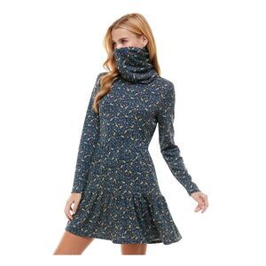 BEBOP Womens Navy Floral Long Sleeve Jewel Neck Mini Fit + Flare Dress L